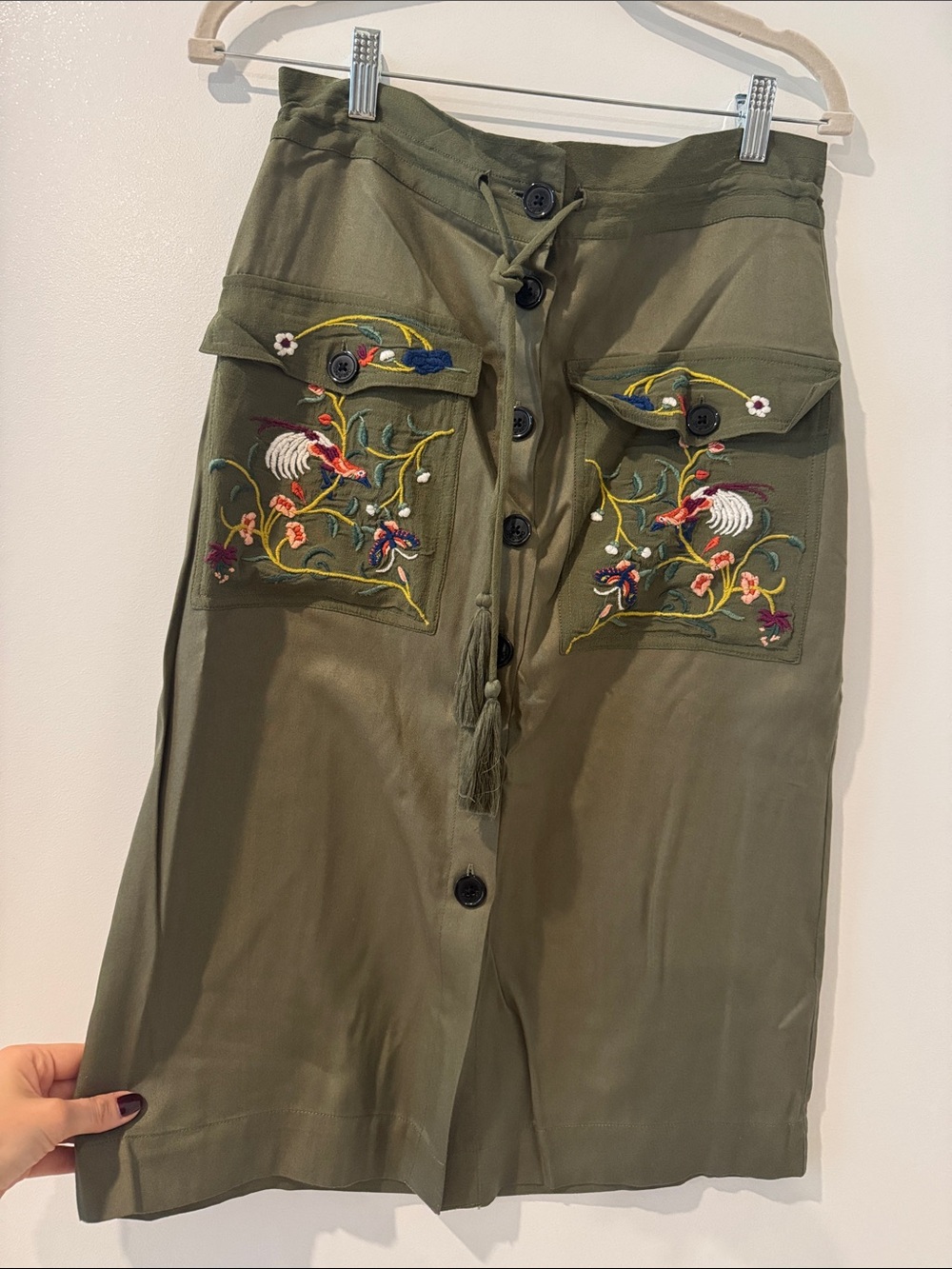 DESIGUAL Embroidered Olive Button-Front Midi Skirt